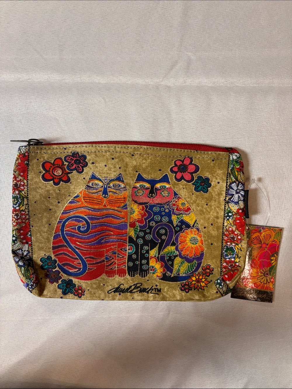 Laurel Burch Colorful Floral Cats Zipper Pouch - Red, Blue, Gold
